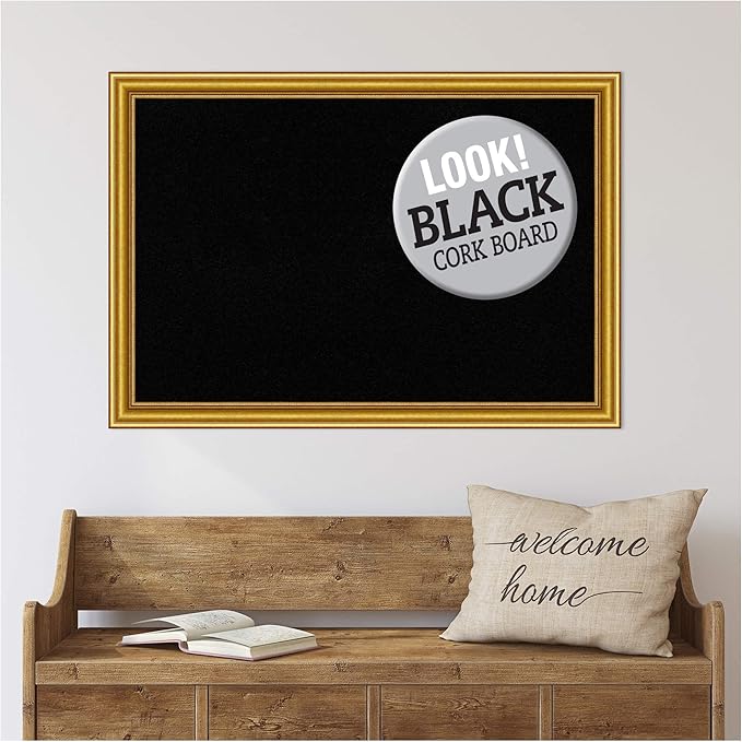 Amanti Art Black Cork Board for Wall, 28x40 Vision Board with Gold Wood Frame, Large Corkboard Office Decor for Home Organization, Traditional Corkboard Pinboard to display items for home organization