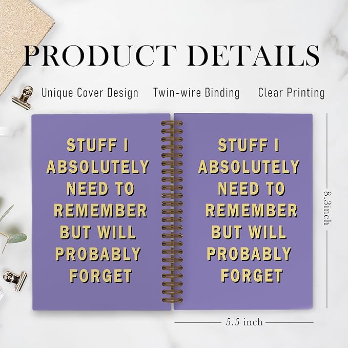 Funny Purple Office Spiral Notebook, Funny Purple Office Supplies Gifts for Coworkers, Stuff I Absolutely Need to Remember but Will Probably Forget Journal Notebook, Snarky Humor Notebooks for Work, 5.5x8.3In