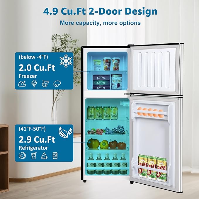 4.9 Cu. Ft. Mini Fridge with Freezer, Compact Refrigerator with Adjustable 7-Level Thermostat, Double-Door Fridge for RV, Kitchen, Office, Silver