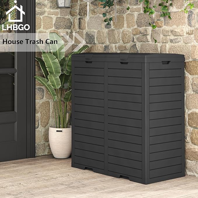 62 Gallon Outdoor Trash Can, Waterproof Garbage Can with Tiered Lid and Drip Tray, Resin Outside Trash Bin for Patio, Backyard, Deck