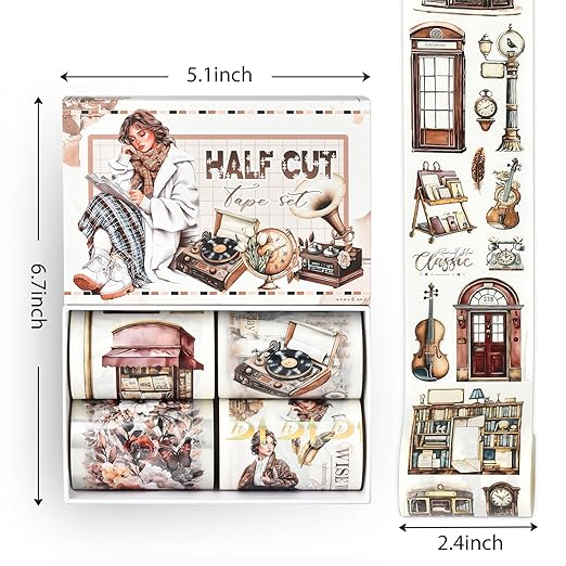 Snycler Pre-Cut Brown Memory Themed PET Washi Tapes - Vintage Aesthetic Tape Stickers for Journaling, Scrapbooking, Junk Journals, Crafts, Planners - 4 Rolls