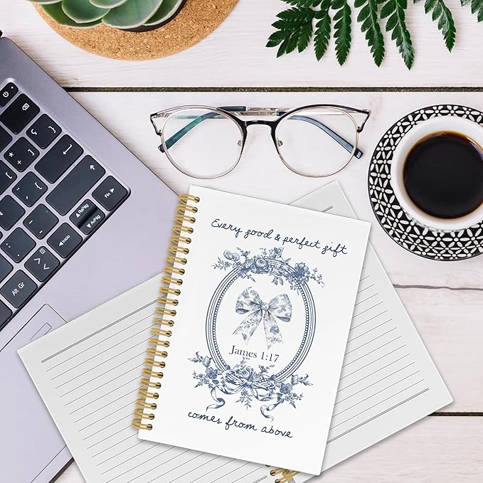 Chinoiserie Bow Christian Spiral Notebook, Vintage Blue and White Porcelain Floral Bible Journaling Notebooks for School, Preppy Girly Hardcover Journals for Women, 160 Pages 5.5 x 8.3 Inch