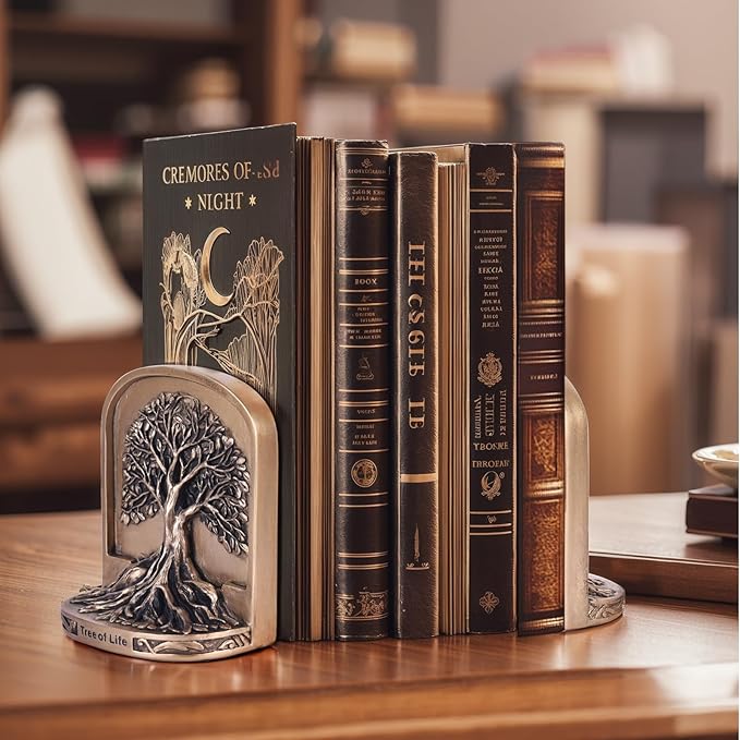 Antique Bronze Color Tree of Life Bookends Set, 2 Non-Skid Heavy Bookends for Shelves or Bookcase, Decorative Bookends for Desktop Shelf Decor, Library Office Decor, Home Décor Gift