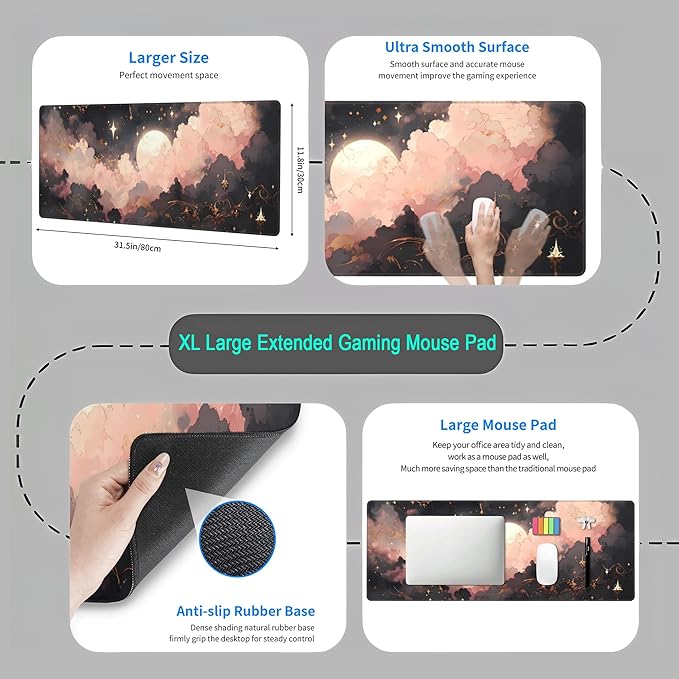 Black Pink Clouds Desk Mat Cute Desk Pad XL Large Extended Mouse Pad Gaming Celestial Mousepad Desk Matt for Desktop, Computer Keyboard and Mouse Mat for Women Office Decor Accessories 31.5x11.8 in