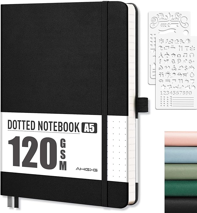 AHGXG Bullet Dotted Journal - Dot Grid Notebook Journal, 120 GSM Thick Acid-Free Paper, A5 Dotted Notebook 160 Pages, Leather Hardcover, Inner Pocket, Journal Stencil, 5.7'' × 8.3'' - Black