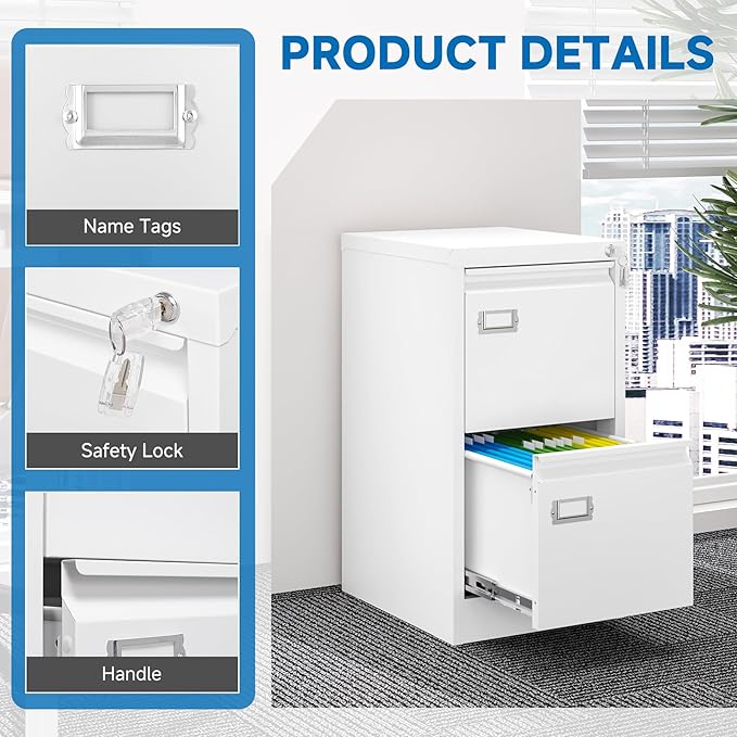 2 Drawer File Cabinet with Lock Metal Vertical Filing Storage Cabinet Office Home Steel Vertical File Cabinets for A4 Legal/Letter Size Narrow File Cabinet Locked,Assembly Required