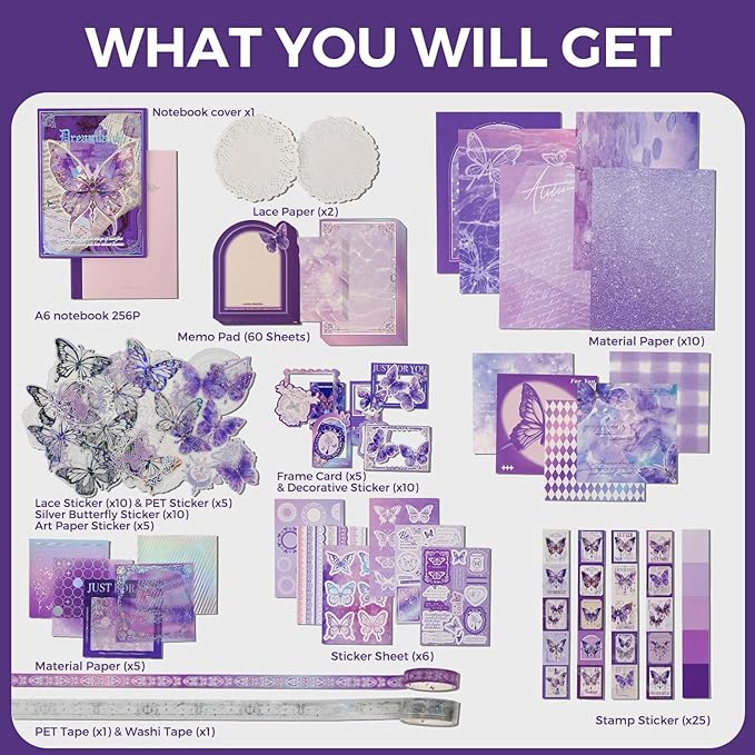 Funto Scrapbooking Kit(162 PCS), Warm Mail Series-Dreamland, Perfect for Bullet Scrapbooking Materials, Planner DIY Arts Craft Collage