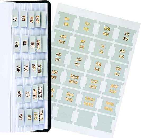 DiverseBee Gold Foil Planner Monthly Tabs, 24 Peel and Stick Laminated Tabs for Notebooks (12 Month and 4 Blank), Calendar Stickers for Planners, Dividers (Jade)