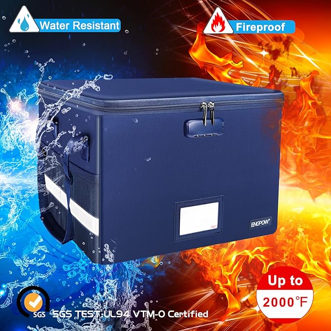 ENGPOW File Box with Lock, Fireproof Document Box with Pockets, Collapsible File Organizer Filing Storage Cabinet with Handle, Portable Home Office Safe for Hanging Letter/Legal Folders, Blue, 2 Pack