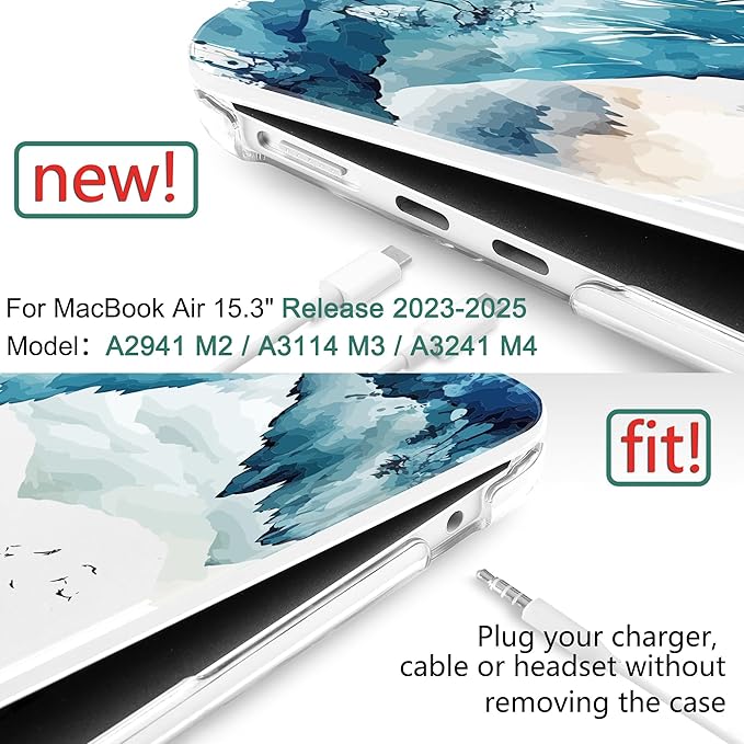 DONGKE Compatible with M4 MacBook Air 15 inch Case 2025 2024 2023 A3241 A3114 A2941 M3 M2 Liquid Retina Display Touch ID, Plastic Hard Case & Keyboard Skin & Screen Protector - Watercolor Mountain