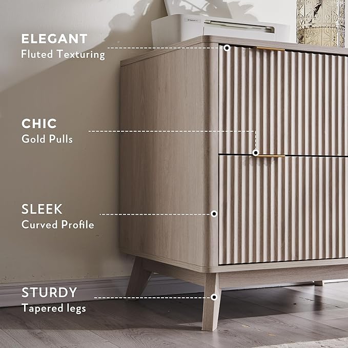 T4TREAM 2 Drawer File Cabinet, 31.8" W Fluted Lateral File Cabinet w/Files Hanging Rod for Letter/Legal/A4, Large Tabletop for Printer, Office Wood Printer Cabinets, Alder White (Gen 2)