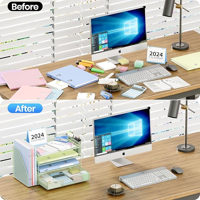 OPNICE Desk Organizer and Accessories, 4-Tier Desktop File Organizer with Drawer and 2 Pen Holders, Office Desk Accessories, File Sorters, Workspace Organizers for Office Supplies(Green)