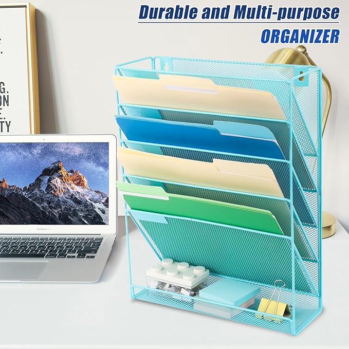 EASEPRES Desk File Organizer Mesh 6-Tier, Hanging Wall Mount Document Organization Stand, Desktop Vertical Mail Paper Folder Holder Rack with Bottom Tray for Office Home Cubicle Countertop, Blue