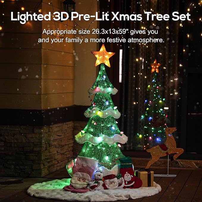 Hykolity 4FT 3D Genuine Outdoor Lighted Christmas Tree, Christmas Tree Yard Decoration with 600 LED Lights, Ground Stakes, Zip Ties