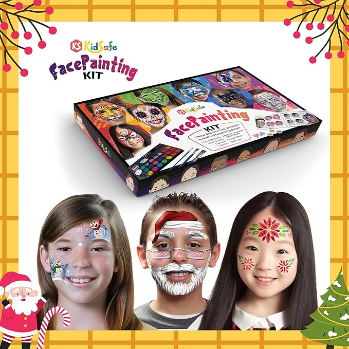 KidSafe 20-Color Face Painting Kit for Kids: Non-Toxic Water-Based Paints with Professional Tutorial Book (50 Designs), Stencils, Glitters, Hair Chalks & Brushes