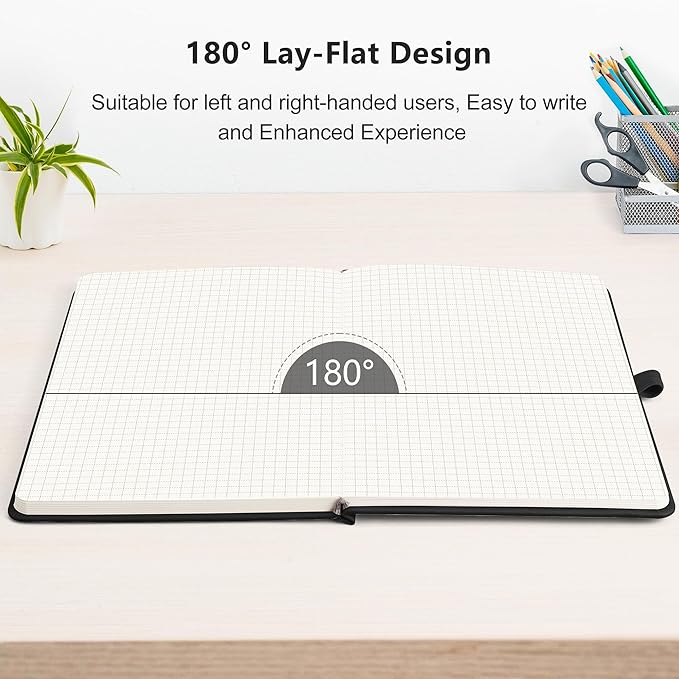 RETTACY Graph Grid Paper Notebook, 192 Pages, A5 Medium Size (5.7'' x 8.3''), 5 Squares per Inch, Leather Hardcover, 100 GSM Thick Paper, for School, Students, Math, Engineering (Black)