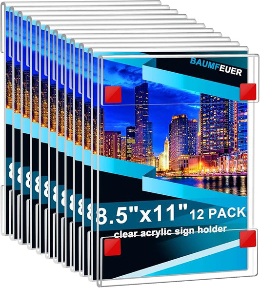 12 Pack Acrylic Sign Holder 8.5 x 11, Clear Plastic Wall Sign Holder with Adhesive Tape Wall Mount Display Stand Paper Holder for Menu, Office, Home, Store, Restaurant No Drilling Needed