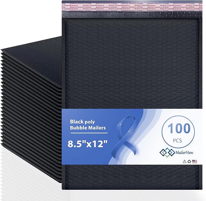Black Poly Bubble Mailers 8.5x12 inch #2 | Self Seal Padded Envelopes | Cushioned Bubble Mailer | Usable Size 8.5x11 | WaterProof | Lightweight mailing Shipping Bags | US Made | 100 Pack Bulk