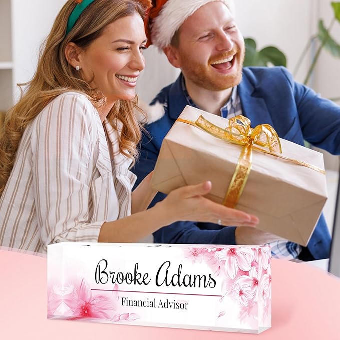 Custom Name Plate for Desk, Personalized Acrylic Office Name Sign with Name & Title, Elegant Desk Decor for Women Men, Employee Appreciation Gift (Pink-2)