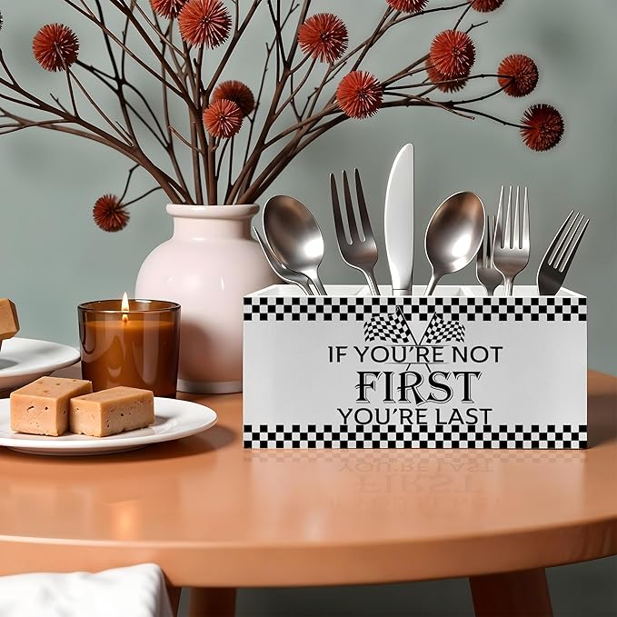 Racing Checkered Inspirational Pencil Pen Holder for Desk, If You're Not First You're Last Wooden Pencil Holder Organizer for Home Office Desk Accessories, Motivational Gifts for Men