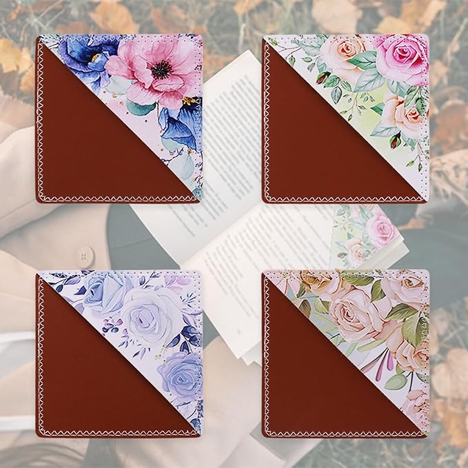 4 Pieces Leather Bookmarks, Cute Book Accessories for Reading Lovers, Page Markers for Women Men Kids Students Teachers Retirement Birthday Gift (Floral Print)