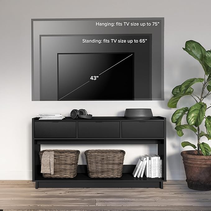 Prepac Black Simply Modern Entryway Table, Narrow Console Table with 3 Drawers, Media Console with Storage, 15.75" D x 60.25" W x 32" H