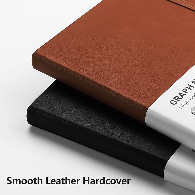 RETTACY Graph Grid Paper Notebook, 192 Pages, A5 Medium Size (5.7'' x 8.3''), 5 Squares per Inch, Leather Hardcover, 100 GSM Thick Paper, for School, Students, Math, Engineering (Brown)