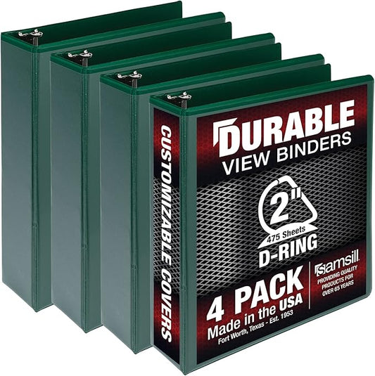 Samsill Durable 2 inch 3 Ring Binder, Made in USA, D Ring Binder, FSC 100% Recycled Chipboard, Green, 4 Pack
