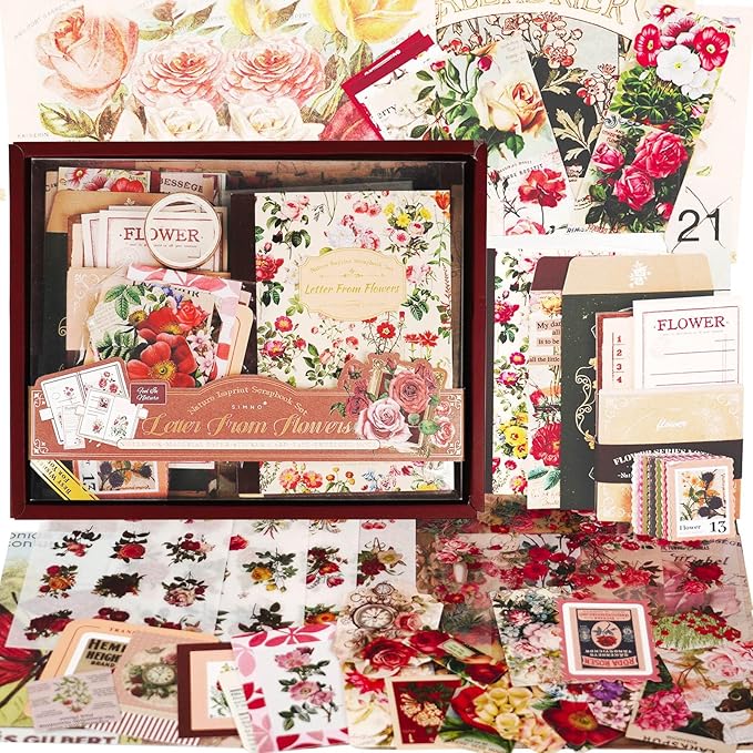 Funto Scrapbooking Kit(154 PCS), Vintage Collection-Letter from Flowers, Perfect for Bullet Scrapbooking Materials, Planner DIY Arts Craft Collage