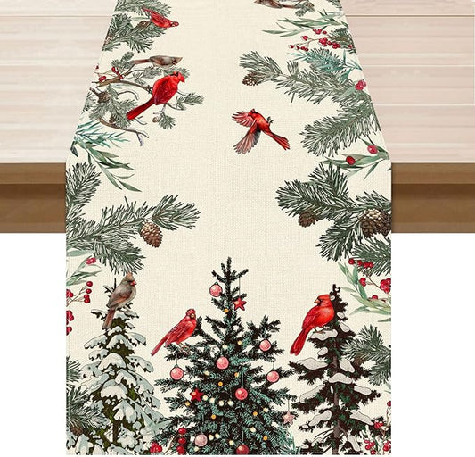XCHI Cardinal Birds Winter Pine Tree Christmas Xmas Table Runner Table Decoration for Home Kitchen Dining Holiday Decor 13x108 Inch