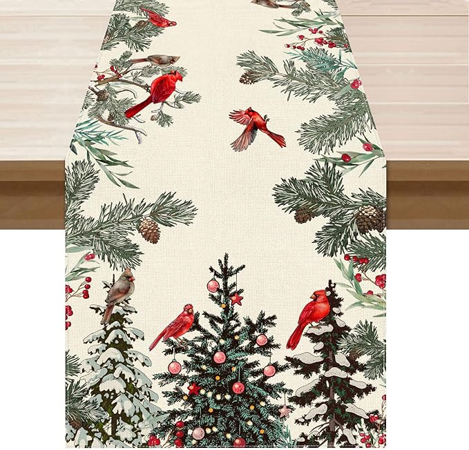 XCHI Cardinal Birds Winter Pine Tree Christmas Xmas Table Runner Table Decoration for Home Kitchen Dining Holiday Decor 13x72 Inch