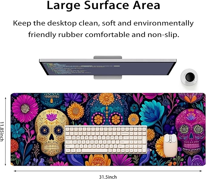31.5”x11.8”Large Gaming Mouse Pad for Desk, Mouse Mat with Seamed Edges, Waterproof Desk Pad, Non-Slip Rubber Base, Keyboard Pad Computer Mat, Big XL Mousepad-Skull Flower
