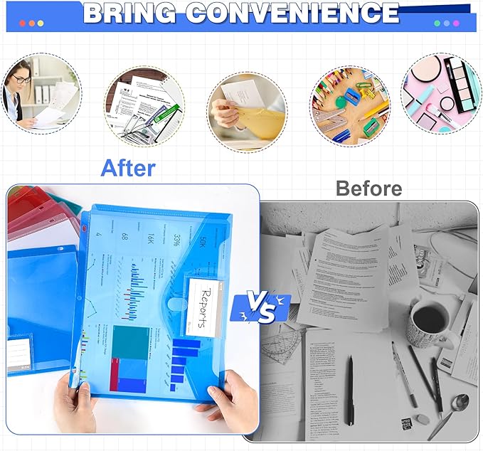 28pcs Binder Folders with Space-Saving Closure and Label Pocket, Super Heavyweight Plastic File Envelopes for 3 Ring, 7 Colors Letter Size Side Loading Binder Pockets Organizer for School