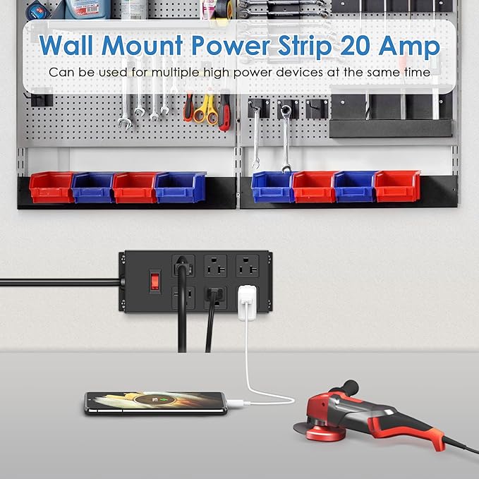 JUNNUJ Heavy Duty 20 Amp Power Strip, Garage 6 Outlets Metal 12 Gauge Surge Protector 3000J, High Amp 5-15P Adapter Shop 6-20R T-Slot Industrial (6AC, 15FT)