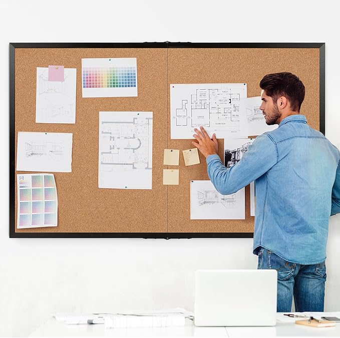Board2by Extra Large Cork Bulletin Board 72" X 48", Foldable Notice Pin Board for Wall, Black Wood Framed 6'x4' Corkboard, Wall Mounted Noticeboard with 32 Push Pins for School, Home & Office