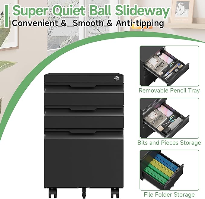 3 Drawer Mobile File Cabinet with Lock,Under Desk Metal Filing Cabinets with Wheels for Home Office Organizer Letters/Legal/A4(Easy Assemble-Black)