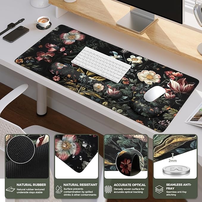iCasso Desk Cover Mat, 4in1 Floral Large Mouse Pad with Wrist Rest, Desk Matt for Desktop, Anti-Slip XXL Big Computer Ergonomic Mousepad with Wrist Support for Keyboard and Mouse (Elegant Flowers)