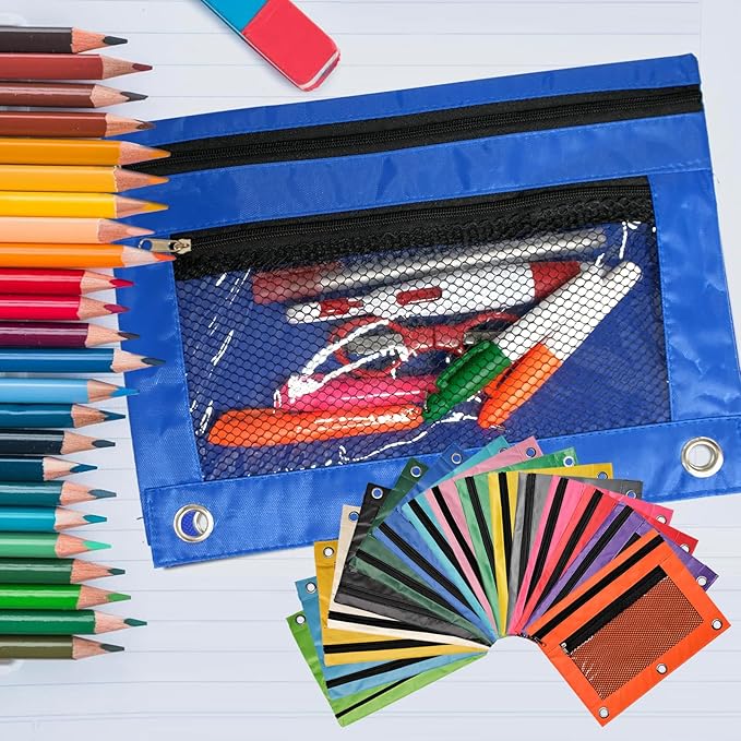 64 Pcs Pencil Pouch for 3 Ring Binder 16 Colors Zippered Pencil Pouch Bags Bulk Binder Pencil Case with Clear Window for Classroom School and Office