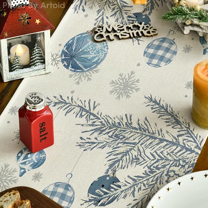 Artoid Mode Blue Pine Trees Merry Christmas Table Runner, Winter Xmas Holiday Kitchen Dining Table Decoration for Home Party Decor 13x108 Inch
