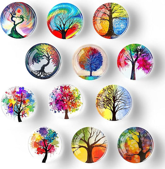 12Pcs Glass Refrigerator Magnet Fridge Sticker，Life Tree Crystal Fridge Magnets Decoration for Crafts,Strong Fridge Magnets for Kitchen, School,Office Whiteboard, Cabinet and Dishwasher (Life Tree)