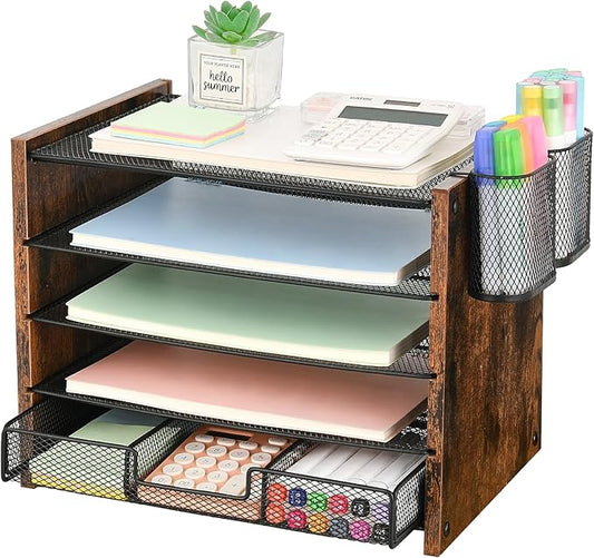 OPNCIE Desk Organizer and Accessories, 5-Tier Paper Letter Tray File Organizer with Drawer & 2 Pen Holder, Office Desk Accessories Workspace Desktop Organizer for Office Supplies(Brown)