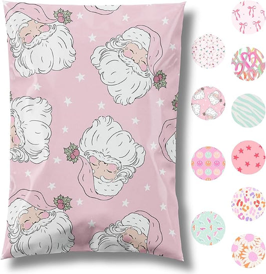 10x13 Designer Christmas Holiday Poly Mailer 100 Pack Heavy Duty Waterproof Self Seal Shipping Bags Large Mailing Envelopes Bulk Tear Resistant Cute Packaging Pink Santa