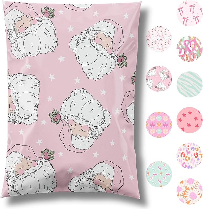6x9 Designer Christmas Holiday Poly Mailers 100 Pack Heavy Duty Waterproof Self Seal Shipping Bags Large Mailing Envelopes Bulk Tear Resistant Cute Packaging Pink Santa