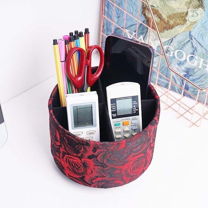 QIELIZI Round Leather Art Supply Organizer,Remote Control Holder,360 Degree Rotating,Multi-Functional Pencil Holder,4 Compartments Desktop Stationary Organizer(1-3D Rose Red)