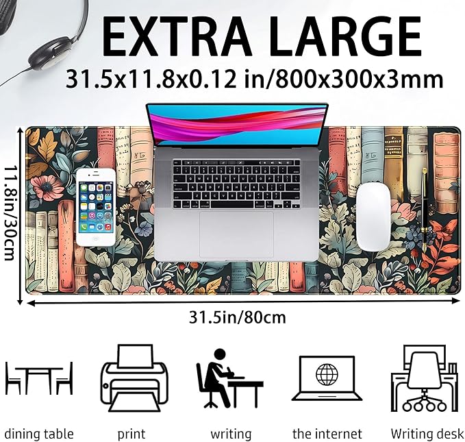 Flowers Desk Pads Gaming Desk Mat Large Keyboard Mouse Pad XL, Book Elements Computer Desktop Mats, Extended Full Laptop Mouse Mat, Office & Home Decor for Women Desk Aesthetic 31.5" x 11.8"