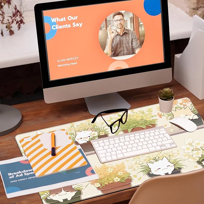 Desk Pad, Cute Cat Potted Plant Desk Mat, Anime Kawaii Cat Large Gaming Mouse Pad for Desk, 31.5"x15.7" Extended Big Computer Keyboard Mouse Pad with Non-Slip Base and Stitched Edge