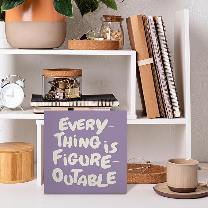 Inspirational Purple Office Decor, Every Thing is Figure Outable Motivational Office Accessories Wooden Box Sign, Inspirational Gifts for Women, Men Wall Desk Shelf Tabletop Decoration 8x8In