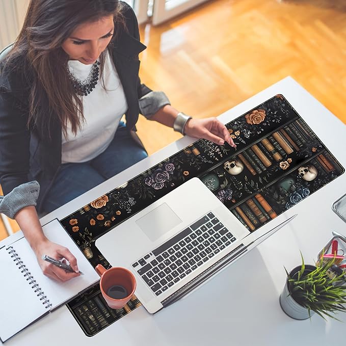Dark Bookshelf Desk Pad Gothic Gaming Mouse Mat XL, Black Large Computer Keyboard Mat Mystery Flowers Desk Mat, Cool Mouse Pad Full Desktop Mat, Vintage Desk Decor Accessories 31.5" x 11.8"