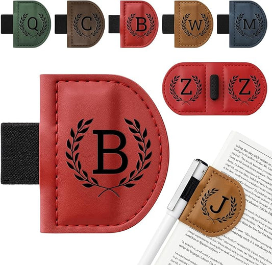 Personalized Bygone Mark Bookmark with Pen Holder,Engraving Leather Magnetic Bookmarks Vintage 26 Letters Name Initials Text Book Marker Clips Gifts for Reading Book Lovers Women (Red, B)