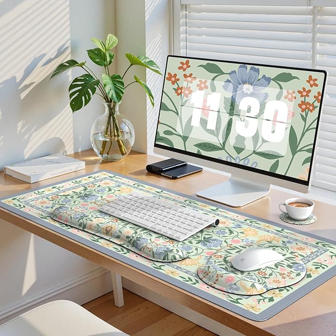 iCasso Desk Cover Mat, Gaming Mouse Pad Wrist Support Set,4in1 XXL Large Mousepad + Keyboard Wrist Rest+Mouse Wrist Rest+Coaster Set with Ergonomic Design for Home Office Table Computer(Green Flowers)